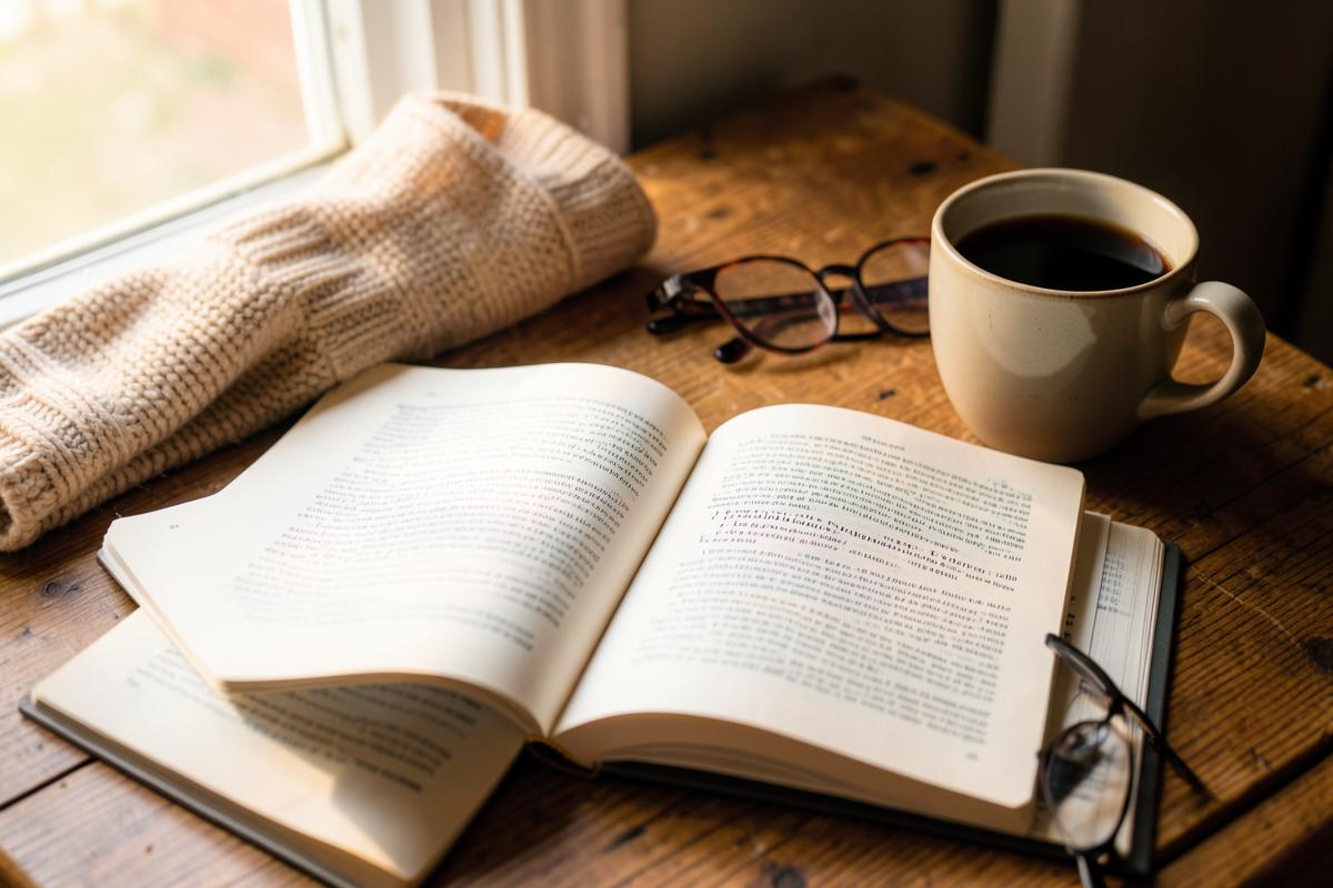Pəncərə kənarında açıq kitab, qəhvə fincanı və eynək
